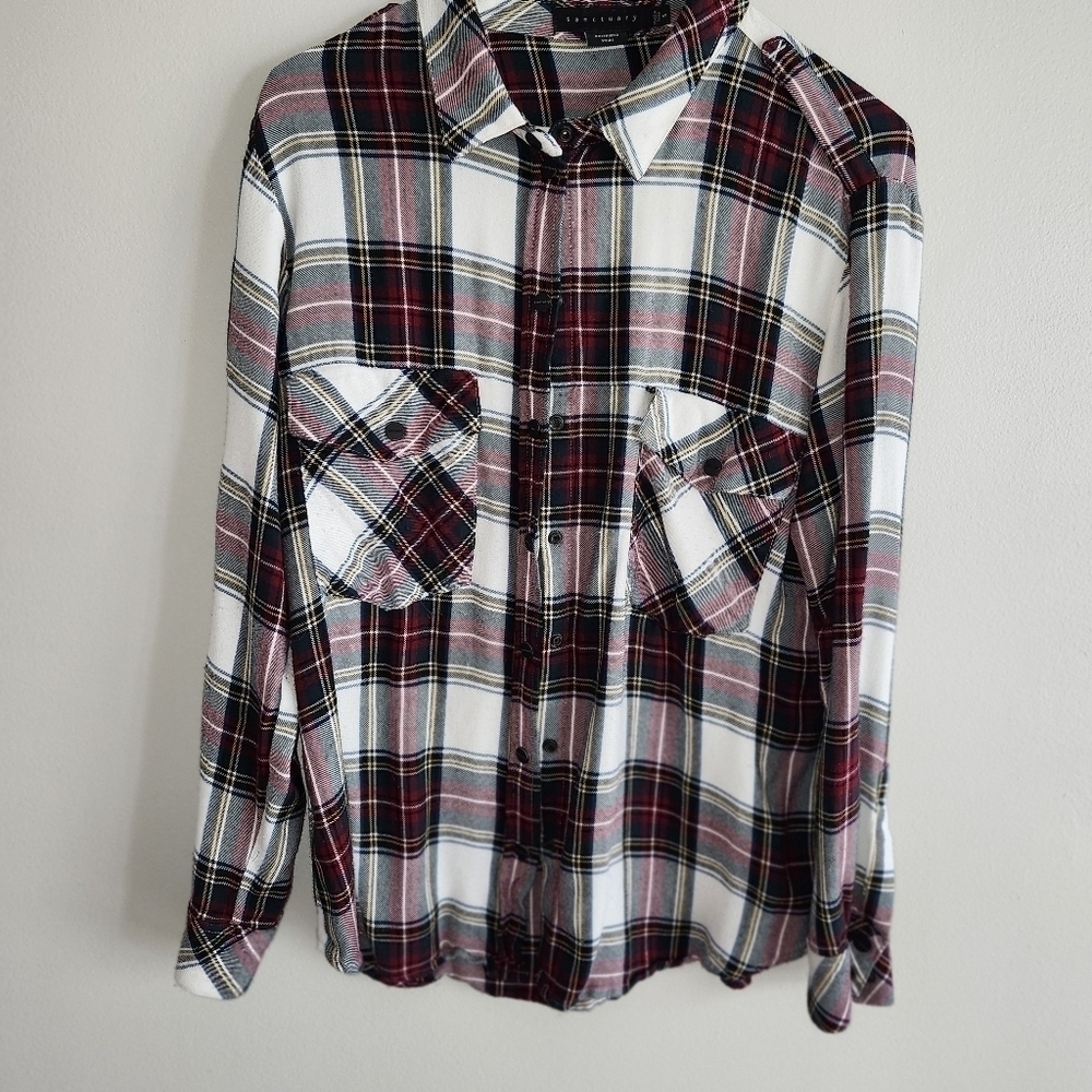 Sanctuary Red and Black Plaid Button Down Shirt Women's Boyfriend Shirt